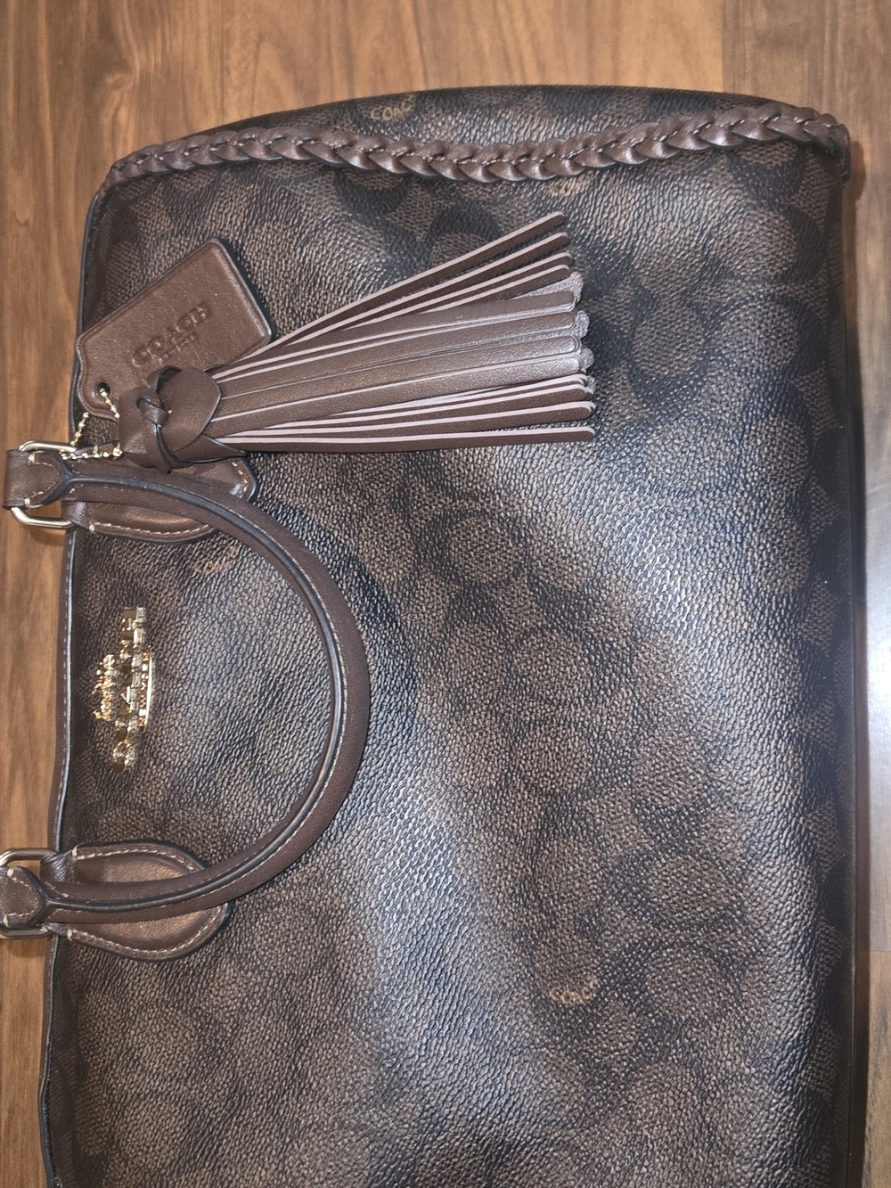 Coach Large Braided Rowan  Brown Signature Canvas Tote with Tassel Charm
